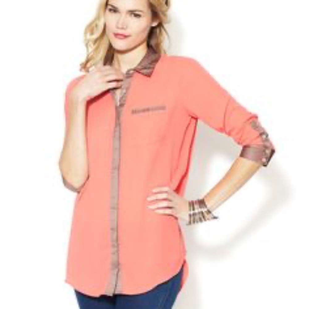 Free People Peach Chiffon Brown Satin Trim Button Up Long Sleeve Blouse SIZE S